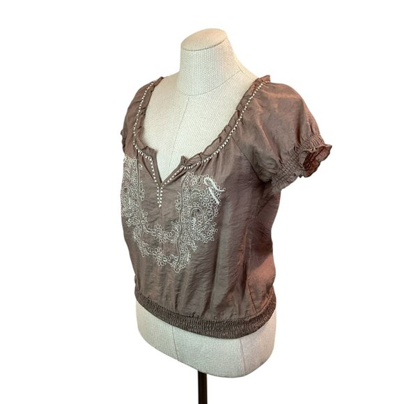 Mine Embroidered Boho Womens Small Top Brown Cotton Rayon Blend - Picture 4 of 10
